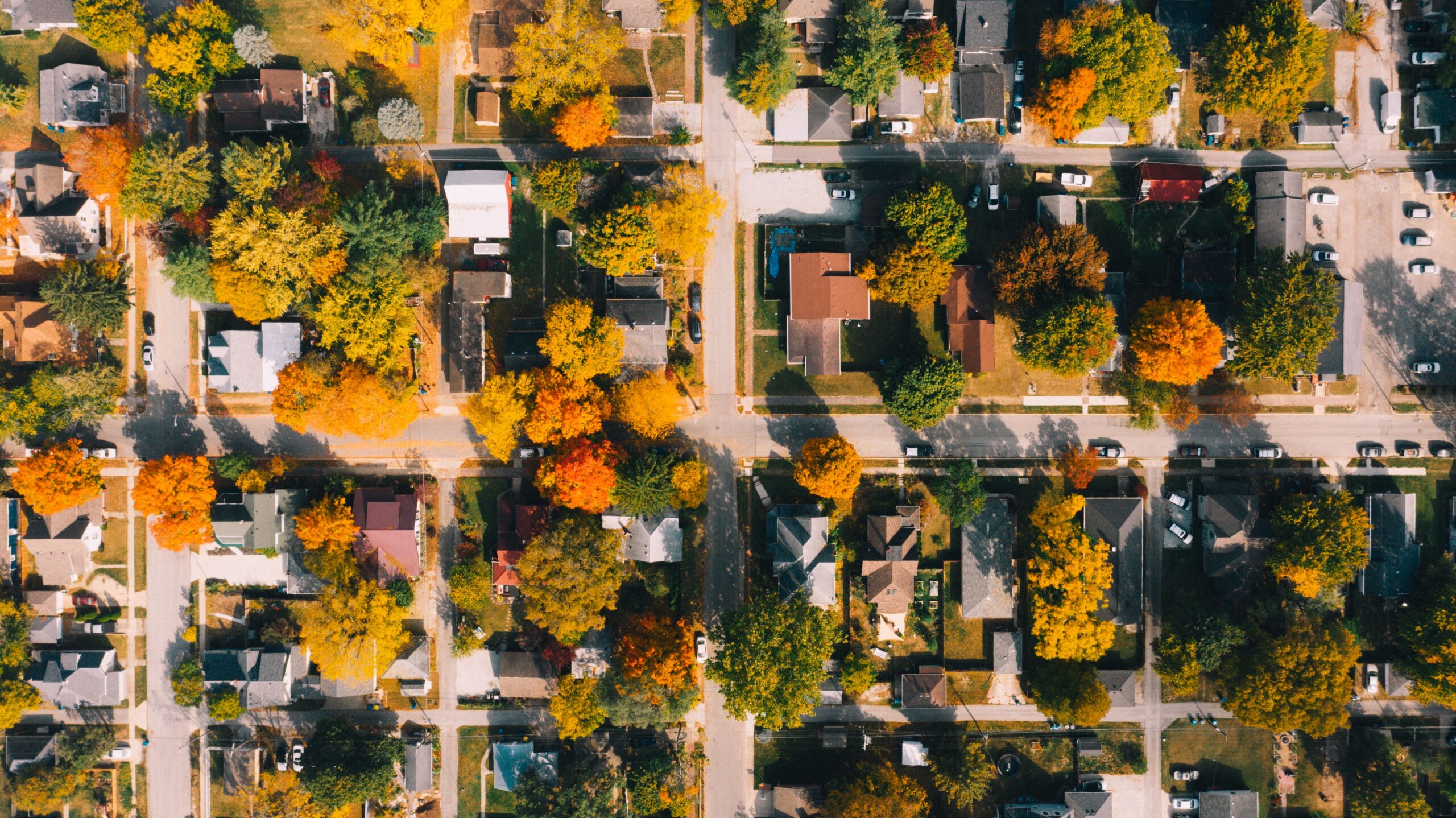 A residential area with fall-colored trees mixed in with various house roofs.